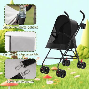 Дитяча коляска для тварин Homewell, складана, з тримачем для напоїв та ременем безпеки, вантажопідйомність 15 кг, колеса з блокуванням, чорна