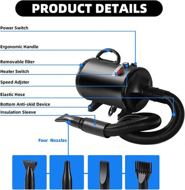 Професійний фен для собак 2800W, регульована швидкість та температура, сушарка для тварин з 4 насадками (чорний)