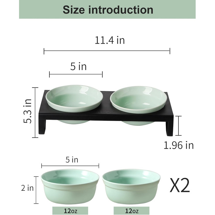Керамічні годівниці та миски для котів та маленьких собак, зелені, 12,7 см, 2 миски + підставка, для вологого та сухого корму