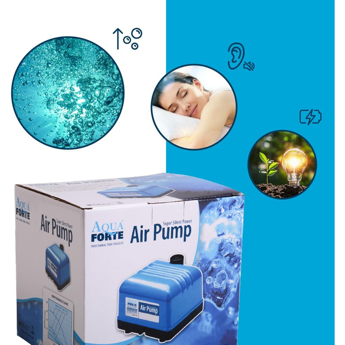 AquaForte Hi-Flow V-10 повітряний насос для ставків, алюмінієвий корпус, тиха робота, потужність 10 Вт, продуктивність 4 л/хв на 1,2 м, для ставків до 6 м³, без регулювання