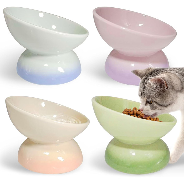 Підвищений годівниця для котів та маленьких собак Kathson, кераміка, нахилена, проти блювоти, 4 шт. (Blue, Green, Purple, Pink)