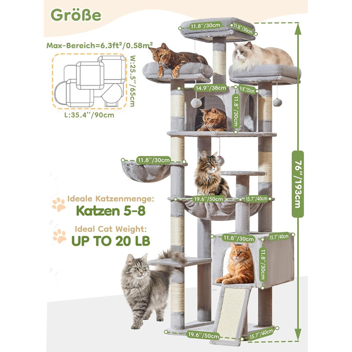 Кігтеточка Taoqimiao 193 см, велика, XXL, з будиночками, гамаком, кошиком та 7 стовпчиками для дряпання, MS047G, сірий колір