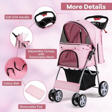 Собачий візок SOARS для собак до 15 кг, розкладний, з сітчастими віконцями, тримачем для напоїв та кошиком для зберігання, для маленьких тварин (Рожевий)