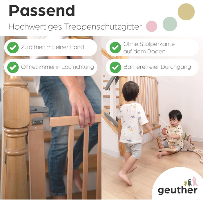 Захист для сходів Geuther Oris | Дверний захист для сходів з кріпленням, 2 клямки для поручнів, ширина регулюється | Стабільне дерев'яне дитяче ворота, натуральний лак (натуральний, 95-135 см)