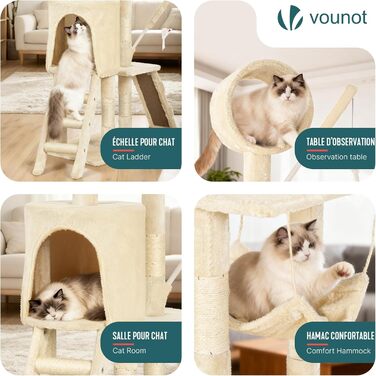 Кігтеточка для котів Vounot® - багатоярусна кігтеточка з платформами, печерею та іграшками, 112 см, бежева