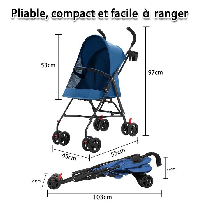 Дитяча коляска для тварин Homewell, складна, з тримачем для напоїв та ременем безпеки, вантажопідйомність 15 кг, колеса з блокуванням 360°, блакитна