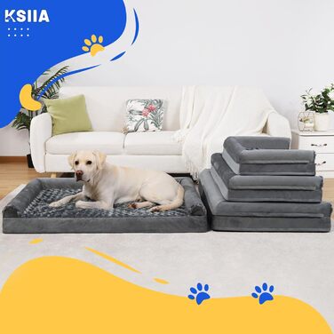 Ортопедичне ліжко для великих собак KSIIA 121x76x18 см, знімний і праний чохол, XXL диван із трьома піднятими бортиками, протиковзка основа, піна з бульбашками, сірий