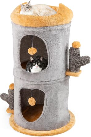 Кігтеточка-будка COSTWAY для котів з 2 будиночками, м'ячка та стійкою, сірого кольору, Ø48 x 83 см