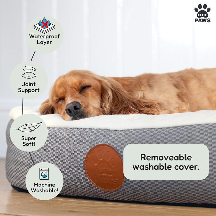 Ліжко для собак Elite Paws UK: ортопедичне, з двошаровим шаром піни та плюшевою подушкою, підтримка голови, шиї та суглобів, знімний чохол з флісу кремово-сірого кольору