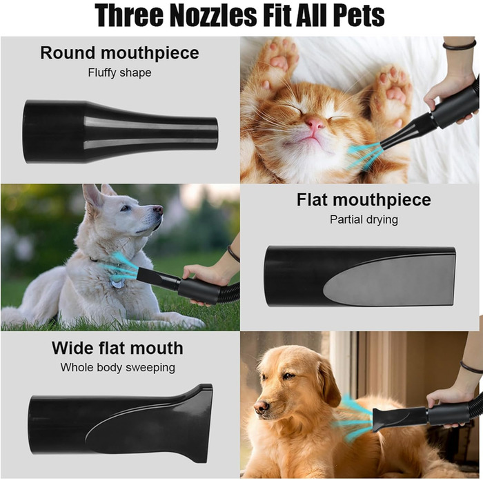 Професійний фен для собак 2800W, регульована швидкість та тепло, 4 насадки, синій