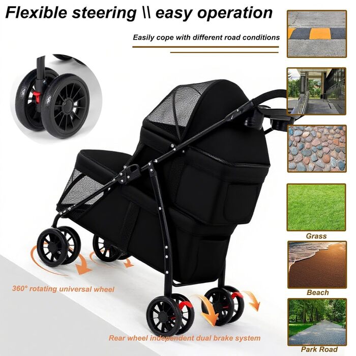 Подвійний візок для собак середніх та маленьких порід, котів, до 22,7 кг, універсальні колеса на 360°, легкий, складається в одну руку, для кошенят, цуценят, дитячий візочок для тварин (подвійний)