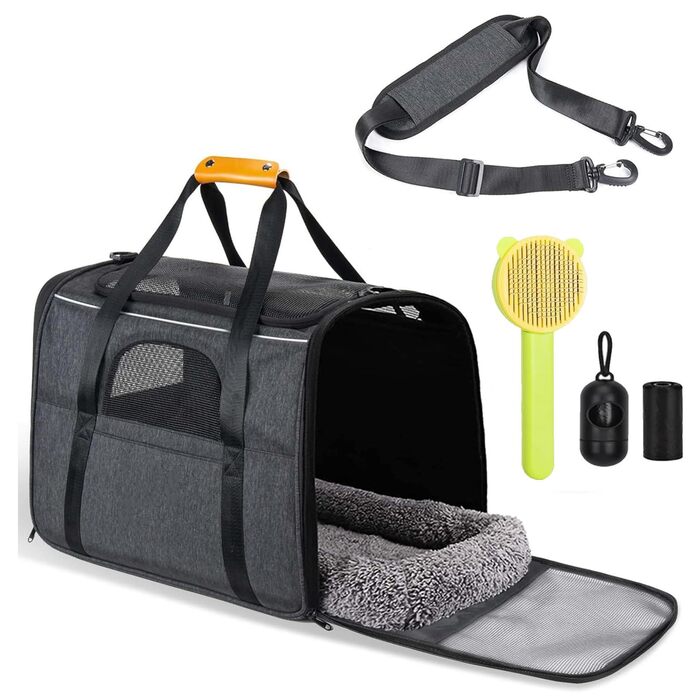 Транспортна переноска для собак та котів: переноска-сумка, схвалена авіакомпаніями, для собак та котів середніх та маленьких порід (до 9 кг), з шлейкою та щіткою для видалення шерсті