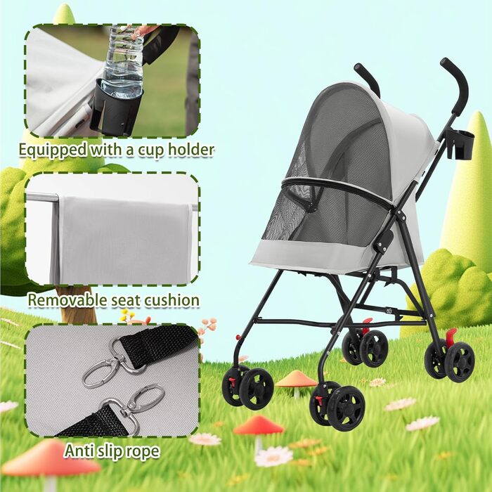 Дитяча коляска для собак та котів OHMG 3 в 1, сіра, складна, з EVA-колесами, для маленьких та літніх тварин, з тримачем для напоїв