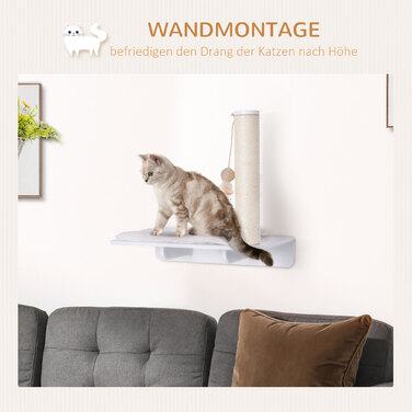 PawHut Cat Lounger Cat Tree з плюшевою подушечкою Play Ball 53 см Розважальна полиця для кішок білого кольору для щасливих котів