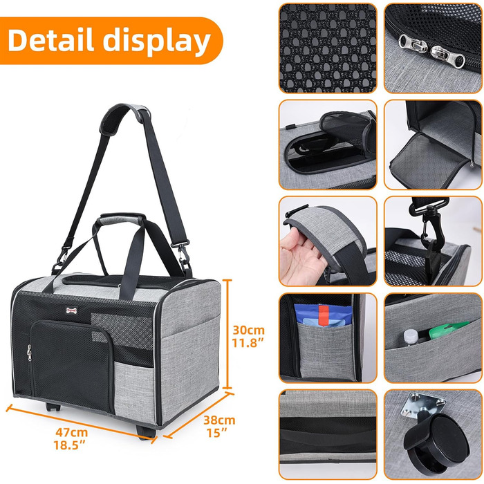 Транспортна переноска для собак з колесами – 47 x 38 x 30 см. Великий об'єм, дихаюча переноска для котів, схвалена авіаперевізниками, для подорожей та активного відпочинку