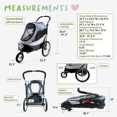 Візок для собак Petique Trailblazer Jogger Space Gray з насосом, дощовиком, адаптером для велосипеда та прапорцем безпеки | повітряні колеса | складний | оглядове вікно | для великих собак та котів сірого кольору