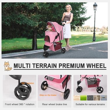 Дитяча візок для тварин, складний, для котів/собак, з кошиком для зберігання та тримачем для напоїв, 3 колеса, для собак та котів, для маленьких або середніх собак, котів, цуценят (Рожевий)
