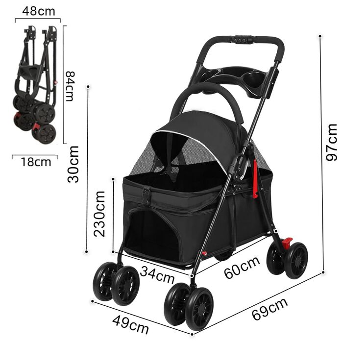 Дитяча коляска для собак та котів Homewell, складана, до 20 кг, з сумкою та підсклянником (Чорний)