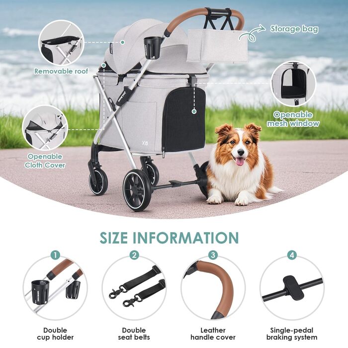 Дитяча коляска для собак Beberoad Pets X6, сіра, до 30 кг, складна, з регулюванням спинки 180° та амортизаторами