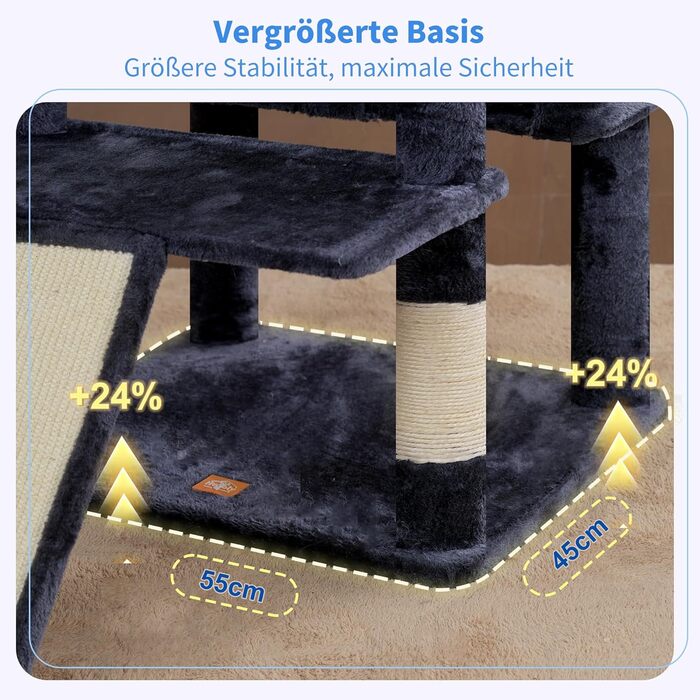 Драбина-будинок для котів Heybly HCT038W (Сірий) - 202 см з 2 платформами, будиночком, гамаком та сизалевим стовпом