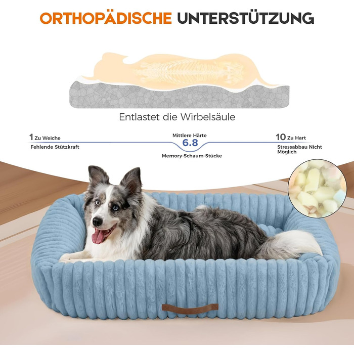 Ортопедичний лежак для собак великих порід, лежанка для собак, м'яка, з підголовником, знімний килимок, з ручками, блакитний, 109 x 76 x 20 см, XL