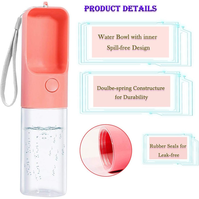 Водяна пляшка для собак MICHETT True Love Sofunii, 425 мл, рожева - витокозахисна, BPA-free, для прогулянок