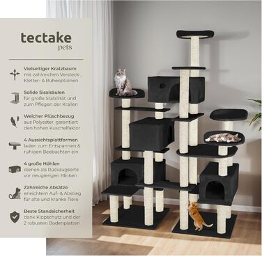 Велика когтеточка для котів tectake®, XXL котячий комплекс з 4 будиночками, ігрова вежа з сизалевими стовпами, аксесуари, настінне кріплення, чорна