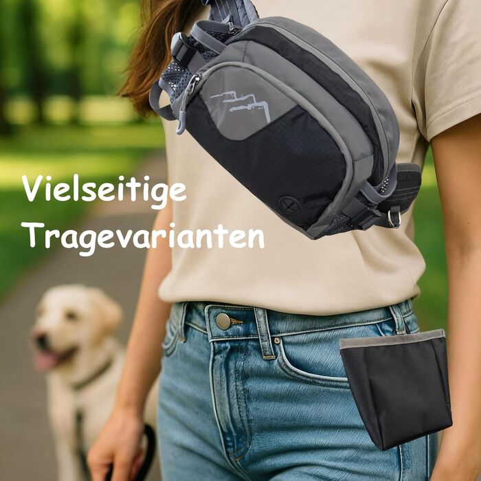 Сумка для собак на пояс з кишенею для ласощів та 2 тримачами для пляшок води, легка сумка для годування собак з дозатором для фекалій, поясна/стегнова сумка регульована, 2-в-1 для прогулянок, тренувань, походів, чорна