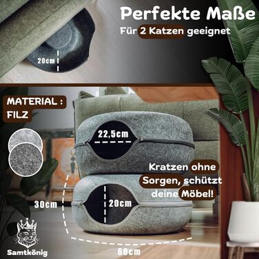 Samtkönig® Котяча лежанка-домік з фетру, тунель-донат 60x60x30 см, м'яке ліжко для котів з знімним чохлом, пухка лежанка для котів, тунель для ігор та сну