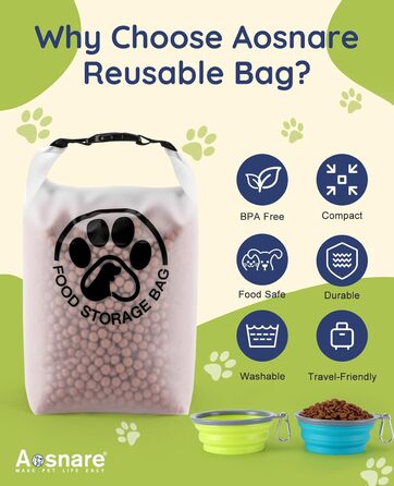 Контейнер для корму для тварин на 25 порцій з 2 складеними мисками для подорожей – прозорий, з водонепроникним закриттям, зберігає сухий корм свіжим для кемпінгу