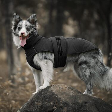 Водонепроникна куртка для собак OneTigris STORMWALL з регульованою довжиною спини, флісовою підкладкою, світловідбиваючими елементами та коміром з хутра для прогулянок на відкритому повітрі, чорна, L (M:14-27кг (Окружність шиї:51см, Окружність грудей:60-8