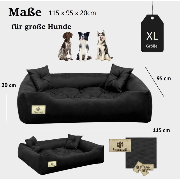 Ортопедичне ліжко для собак середнього розміру, XL (115x95 см), чорне, водонепроникне, з силіконовою наповнювачем