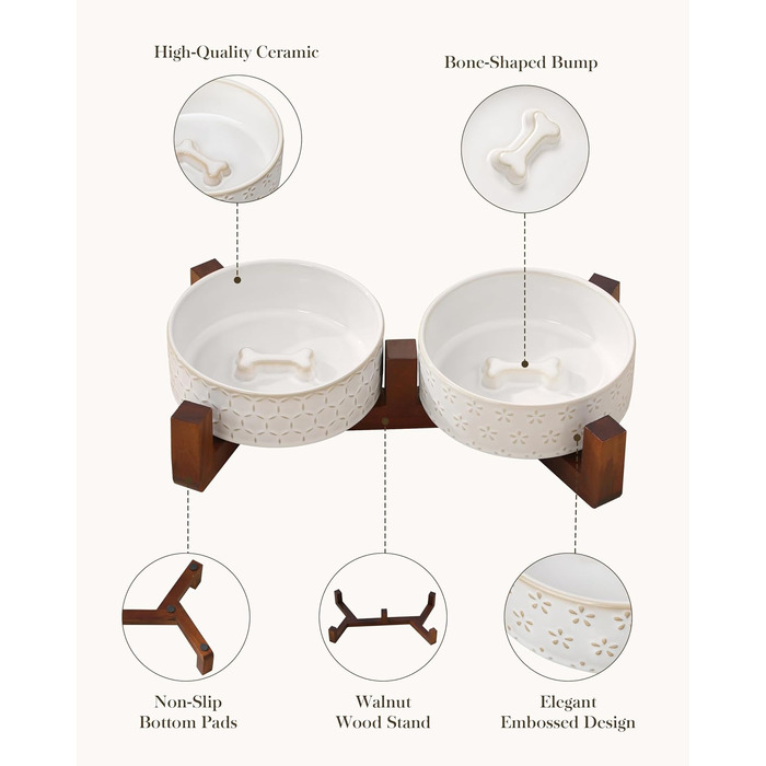 Миска для собак Malacasa з підставкою з горіхового дерева, 450 мл, подвійна миска для собак та котів, для корму та води, неслизька підставка, візерунок у вигляді п'ятипелюсткового клеверу та соти, 450 мл * 2