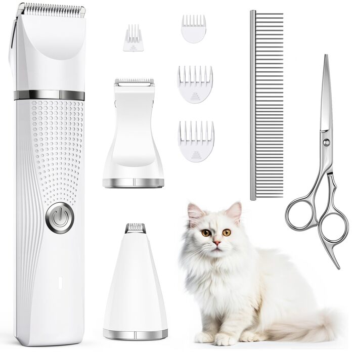 Машинка для стрижки тварин Leise Katze Set: професійна машинка для котів та собак з насадкою, ножицями та гребінцем, USB-C зарядка, біла