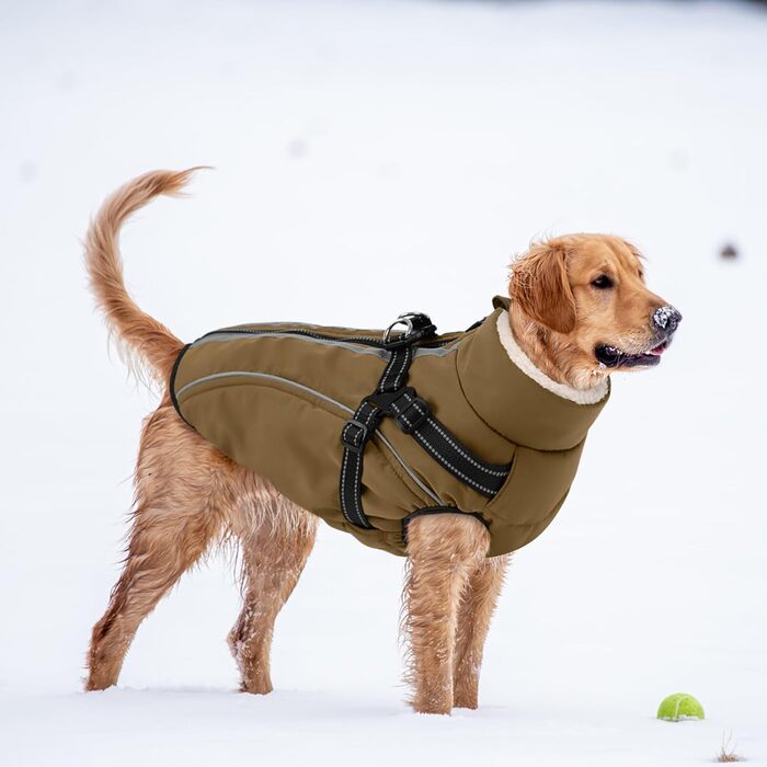 Теплий зимовий одяг для собак: куртка з блискавкою, вітрозахисна, з відбиваючими смугами та нагрудником, коричнева, XL