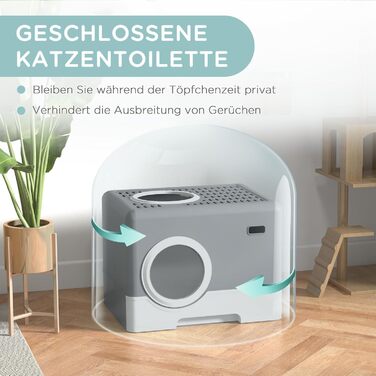 Туалет для котів PawHut з кришкою і лопаткою, 2 виходи, пластик, сірий, для котів до 4 кг, 52x41x38,5 см