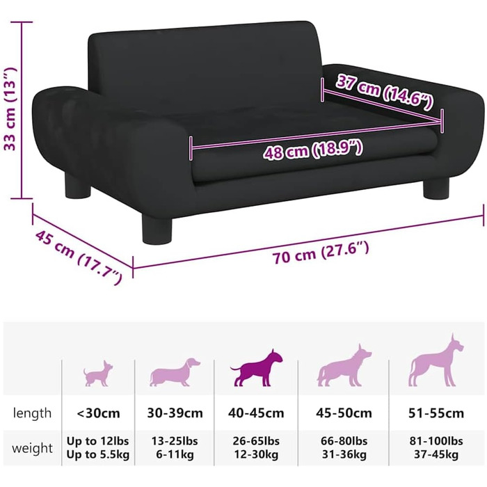 Крісло-ліжко для собак, чорне, з м'якою оббивкою, 70x45x33 см, для маленьких собак та котів