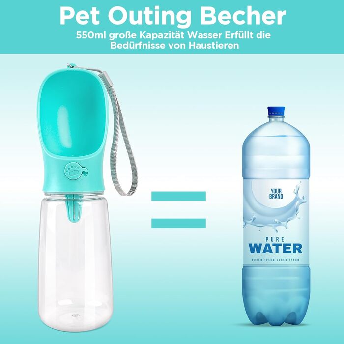 Водачка для собак великої ємності 550 мл з контейнером для їжі (100 г) – портативна водячка для прогулянок, подорожей