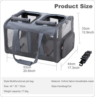 Транспортна сумка PETCUTE для котів середніх розмірів та маленьких собак до 17.5 кг, складана переноска з плечовим ременем та внутрішнім страхувальним шнуром, переноска для котів для подорожей, схвалена авіакомпаніями, темно-сіра