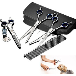Набір професійних ножиць для собак, 4 в 1: ножиці для фінальної обробки, прямі ножиці, вигнуті ножиці, гребінець. Виготовлено з нержавіючої сталі. Підходить для собак, котів та інших домашніх тварин.