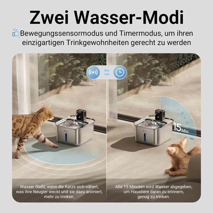 Ка fountain для котів DownyPaws: нержавіюча сталь, бездротовий, з датчиком руху, 3л, тихий, легкий у чищенні