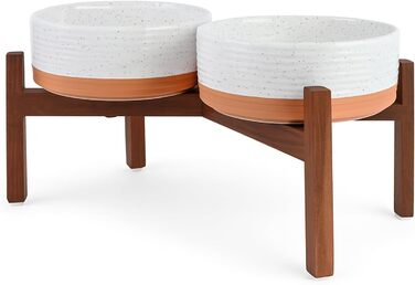 Миска для собак SpunkyJunky з кераміки, подвійна, піднята на підставці з акації, для великих собак (1250 мл, білий та червоно-коричневий)