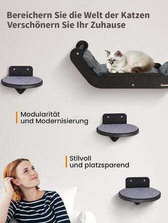 BSWAY настінний комплекс для котів з лежаком і 3 сходинками, дерев'яні котячі меблі для лазіння, ігор та відпочинку