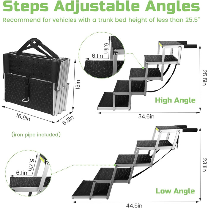 Сходинка для собак Robuster з 6 сходинками, покриття 1680D PVC, антиковзка, легка та портативна – ідеально для авто, SUV, вантажівки – Чорний (106 x 80 x 43 см), алюмінієва конструкція