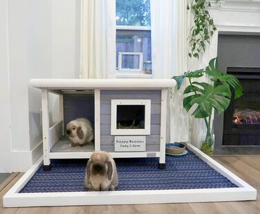 Будка для собак та котів Petsfit з масиву дерева, з балконом, терасою та вікном, утеплена, водонепроникна, для вулиці, 85x62x58 см, світло-сіра
