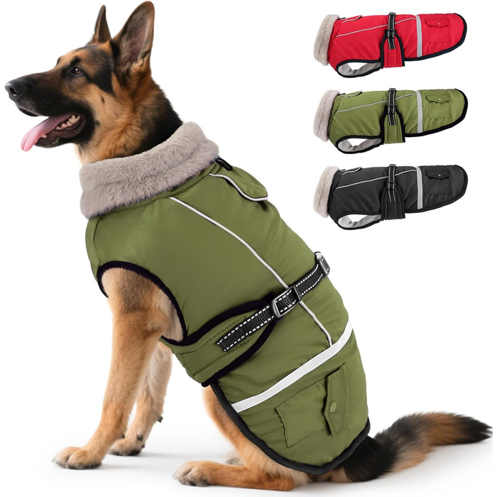 Водонепроникний зимовий одяг для собак, теплий флісовий одяг для великих собак, з регульованими плечовими ременями, світловідбиваючі смуги, для Лабрадора, оливковий (XXL)