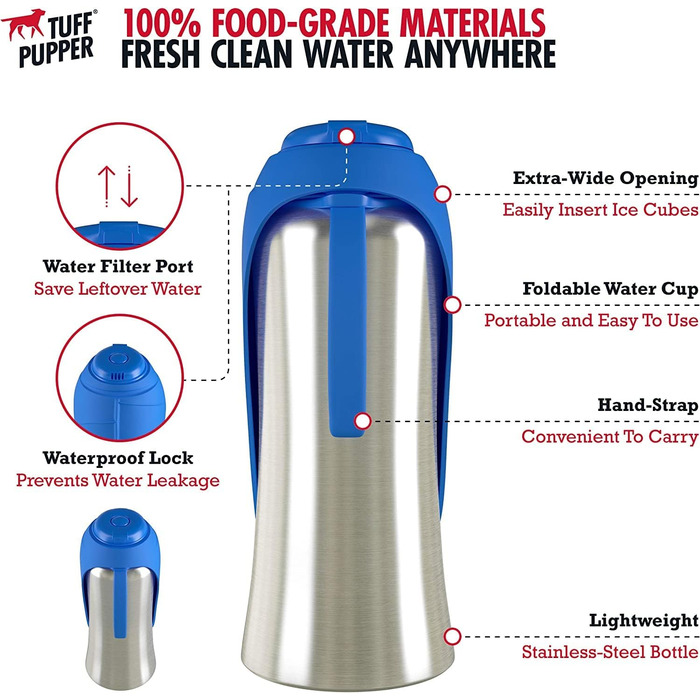 Фляга для води для собак PupFlask, 800/1200 мл, нержавіюча сталь, портативна поїлка для подорожей, не протікає, підходить для всіх порід