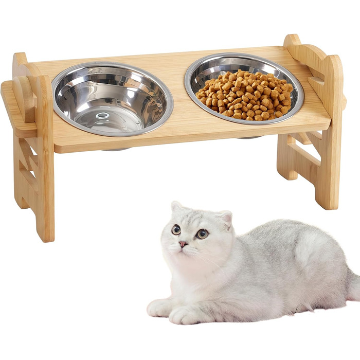 Підвищена годівниця для собак з бамбука з регулюванням висоти, 2 миски з нержавіючої сталі, нахилена годівниця для собак і котів, довговічна