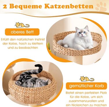 Драбина-стінка для котів GOPLUS з сизалевими стовпчиками, м'ячиком, гачком, просторою платформою, гніздом з соломи та стійкою конструкцією. Підходить для кількох котів (Бежевий)