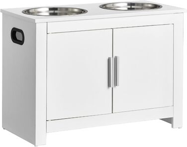 VEVOR шафа-кормниця для собак з 2 нержавіючими мисками 60x30x44 см, підвищена станція для годування з місцем для зберігання, біла, для великих собак